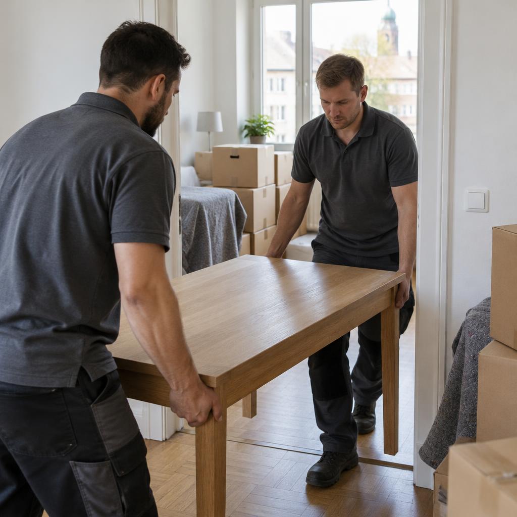 Zwei Umzugshelfer tragen einen Tisch durch eine Wohnung