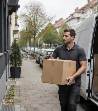 Umzugshelfer trägt einen Karton neben einem Transporter